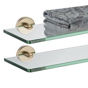JQK Bathroom Glass Shelf Gold, Tempered Glass Shower Storage 12 by 5 inches, 304 Stainless Steel Brushed Gold Wall Mount 2 Pack, TGS101L12-BG-P2