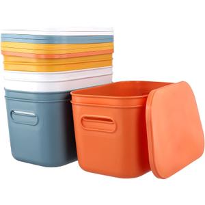 HOZEON 8 Pack Colored Plastic Storage Bins with Lids and Handle, Stackable Colorful Cupboard Organiser Pantry Storage Boxes for Shelves, Drawers, Bathroom, 10 x 7 x 6 Inch
