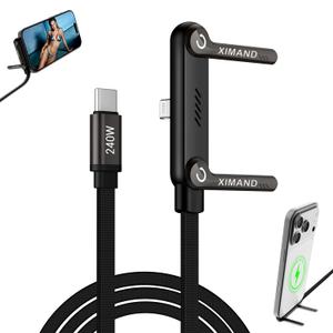Invisible Holder Charger Cable, 240W USB C to Lightning Cable 1.5M/4.9FT Braided Fast Charging Cord, 90 degree Connector & 360° Adjustable Stand for iphone, Gaming, Home, Office, Black, 1 Pack