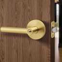 Gold Door Handles with Lock and Key (Keyed Differently), Brushed Gold Round Reversible Door Handle, Heavy-Duty Interior/Exterior Gold Door Lever for Bedroom and Bathroom, Satin Brass, 1 Pack