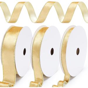 Yunlly 3 Rolls Christmas Velvet Wired Ribbon 0.6, 1, 1.5 Inch Double Sided Velvet Christmas Wired Ribbon for Tree Decoration Gift Wrapping Crafts Wreaths Supplies, Total 30 Yards(Gold and Gold)
