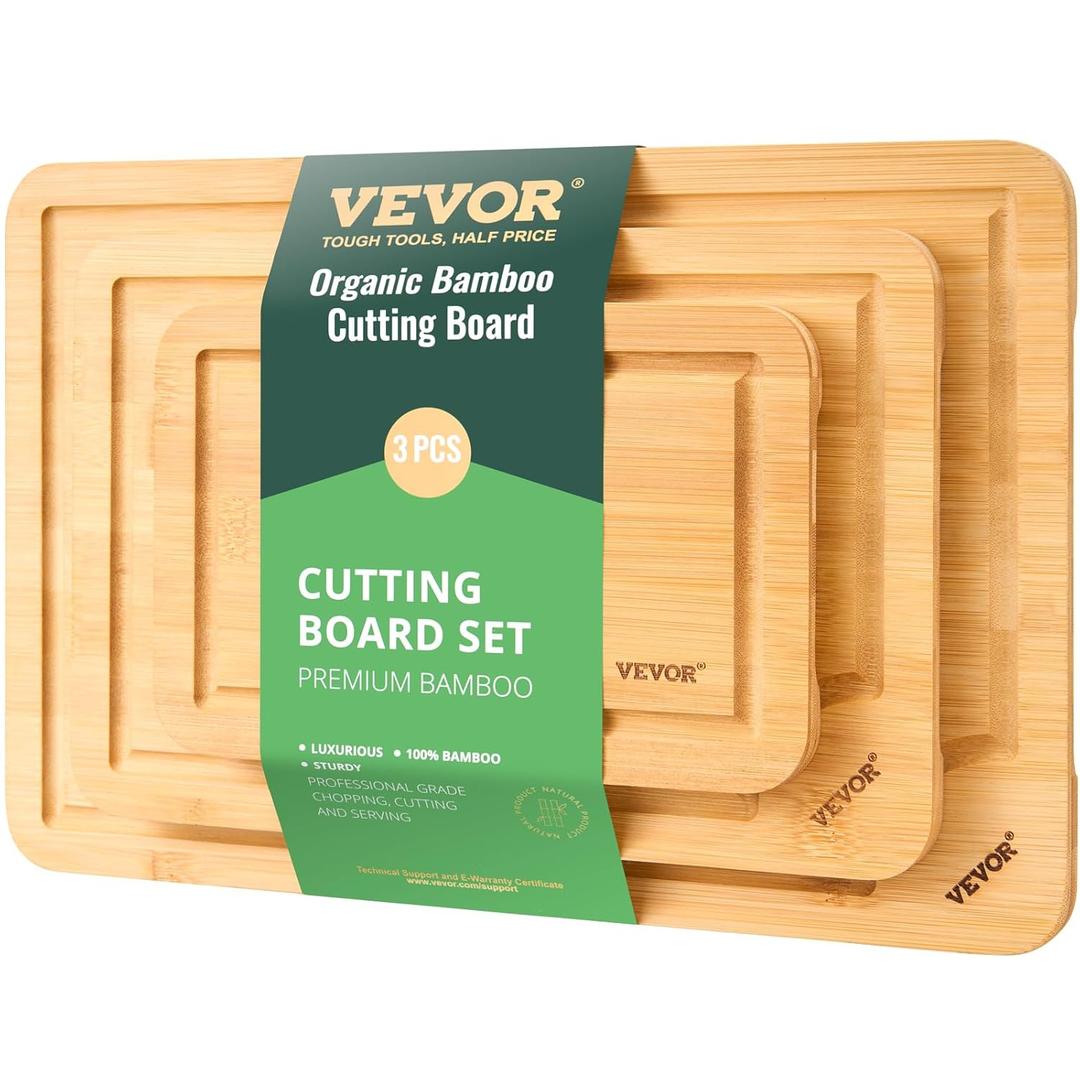 VEVOR Cutting Board 3 Pieces, Premium Versatile Bamboo Cutting Board, Food-Grade Oil and Juice Groove, Sturdy Durable Chopping Board, Built-in Handle, Wooden for Display Chopping Serving