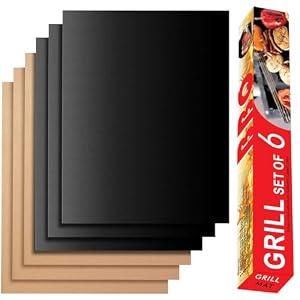 RENOOK Grill Mats for Outdoor Grill, Set of 6 （3 Black+3 Copper）Grill Mat for Gas Grill, Non-Stick Sheets for Grilling, 15.75 X 13 Inch