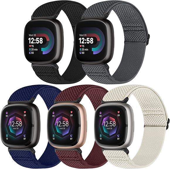 Bcuckood Compatible with Fitbit Versa 4/Versa 3/Sense 2/Sense Band Women Men, 5 Pack Elastic Nylon Soft Adjustable Stretchy Solo Loop Replacement Strap for Women Men