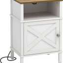 Farmhouse Nightstand with Charging Station, White Bedside Table with USB&Type-C Ports and Outlets, End Table with Storage, Night Stand for Bedroom, White and Rustic Brown WGBZ0601WFE