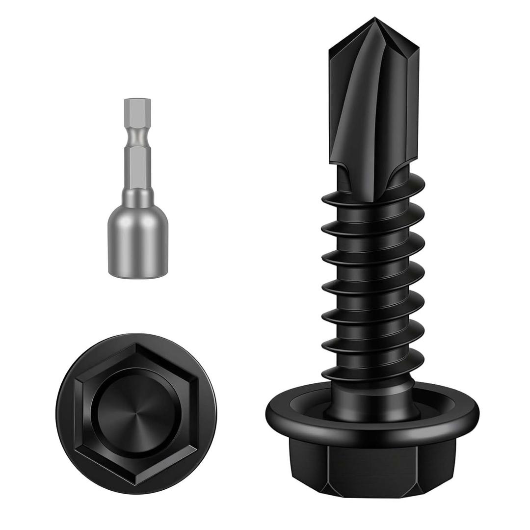 MewuDecor #12 x 1 (5/8" to 3" Available) Hex Washer Head Self Drilling Sheet Metal Screws with Drill Point, Stainless Steel 410, Black Oxide, 50 PCS