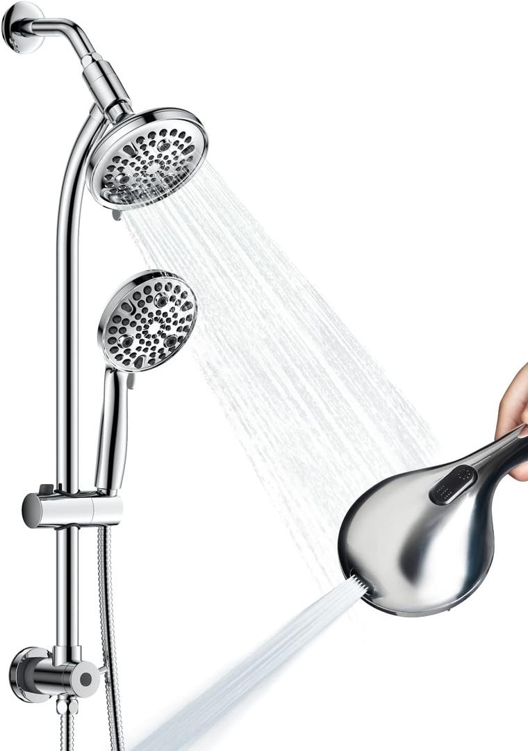 High Pressure Handheld/Rain 82-mode 3-way Shower Head Combo with 25.75" Adjustable Drill-free Stainless Steel Slide Bar, Pet & Tub Power Wash and Anti-clog Nozzles, with 5ft Hose - Polished Chrome High Pressure Handheld/Rain 82-mode 3-way Shower Head Combo with 25.75" Adjustable Drill-free Stainless Steel Slide Bar, Pet & Tub Power Wash and Anti-clog Nozzles, with 5ft Hose - Polished Chrome