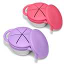 2 Pack Baby Stainless Steel Snack Containers for Kids with Spill Proof Food Grade Silicone Lids & Handles 9 OZ Baby Snack Cups No Spill Toddler Snack Box for Mess-Free Snacking (Coral Red + Purple)