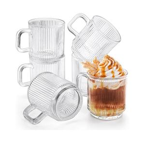 6 Pack Premium Glass Coffee Mugs with Handle, 12 Oz Classic Vertical Stripes Glass Tea Cups, Transparent Ribbed Beverage Mugs, Clear Vintage Glassware Set for Hot Cold Americano, Cappuccino