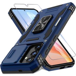 2 x DEERLAMN Case for Samsung Galaxy S25 FE 6.7-Inch with Slide Camera Cover+Screen Protector(1 Pack), Rotated Ring Kickstand Military Grade Shockproof Protective Cover-Navy Blue