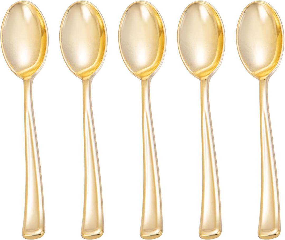 YOUBET 300pcs Gold Plastic Spoons - Heavyweight Plastic Spoons - Gold Silverware - 6.9 Inch Heavy Duty Disposable Spoons for Parties, Dinners & Weddings