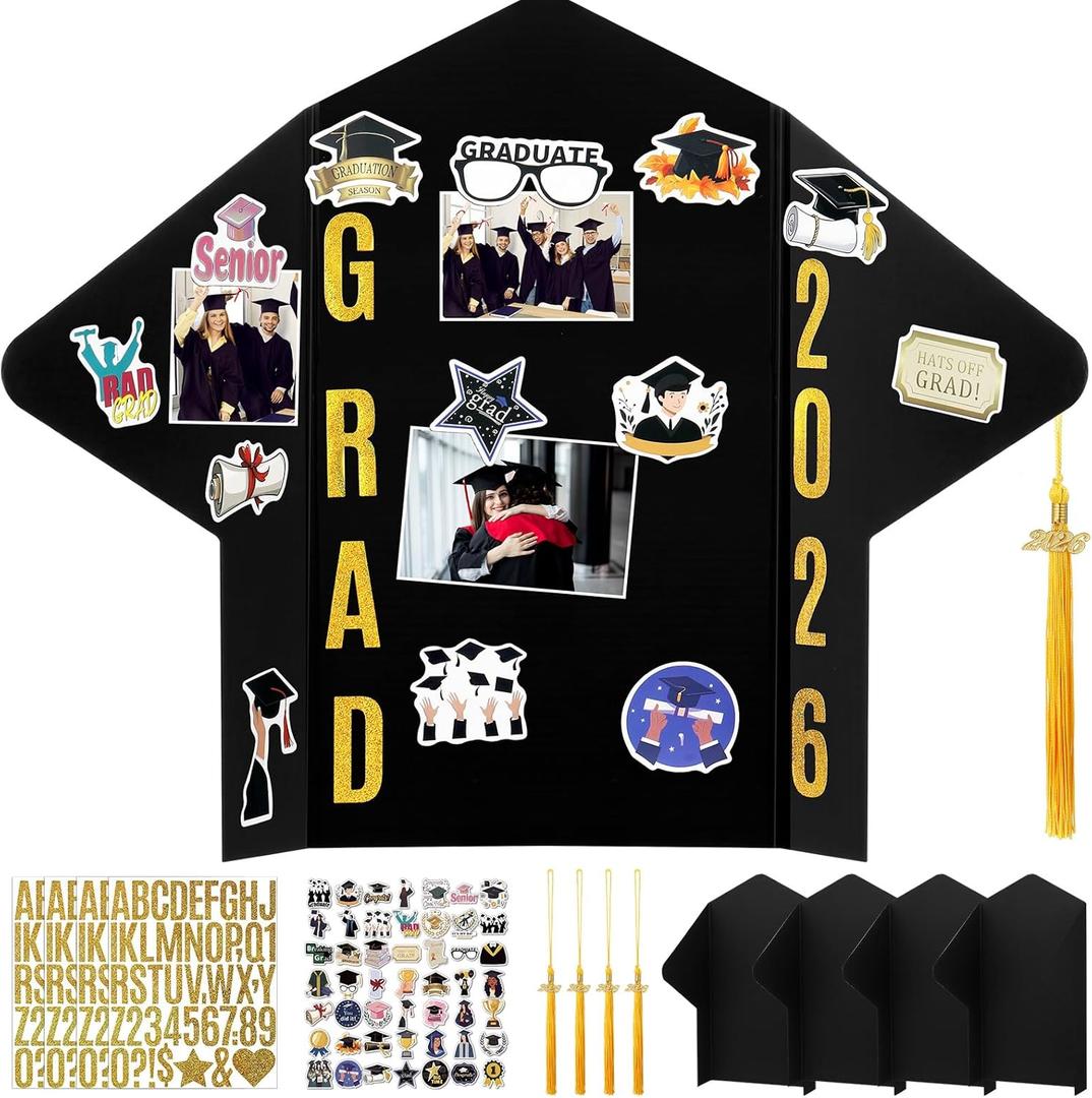 Leinuosen 4 Set 24 x 16 Inch Graduation Cap Photo Display Board Black Gold Trifold Poster Board with Tassel Stickers for Class of 2026 Grad Party Graduate Pictures Frames Display Table Decoration