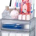 3-Tiers Makeup Organizer with Drawer, Stackable Skincare Storage Box for Vanity and Bathroom, Beauty Essentials, Cosmetic Brushes, Perfume Stand, Large Lipsticks Holder (1 Top + 2 Drawer)