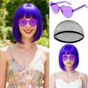 MEEZY Dark Purple Short Bob Wigs Straight Hair with Flat Bangs Heart Sunglasses for Women, Colorful Funny Cosplay Party Neon Wig Synthetic Natural As Real Carnival Halloween Costume Party Favors