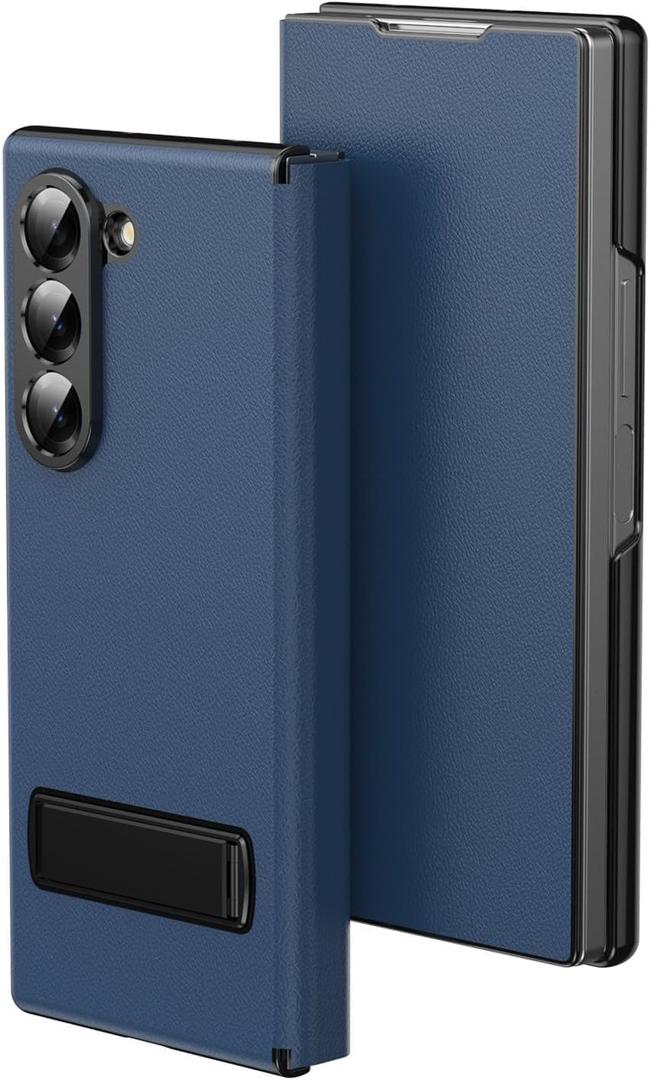 for Samsung Galaxy Z Fold 7 Magnetic Flip Folding Case, Multi-Angle Bracket, High Classy Luxurious Business Leather, Full Body Hinge Protective Slim Cover. (Navy Blue)