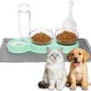 Cat Food Water Bowl, Triple Cats Bowls with Mat and Scoop, 15 Tilted Raised Cat Bowl Dishes with Automatic Water Bottle, Pet Feeding Bowls for Cats, Small Dogs, Wet, Dry Food