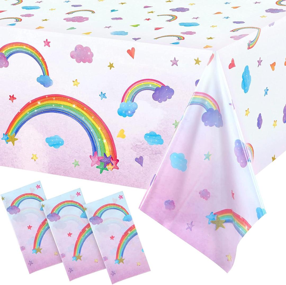 Tegeme Rainbow Tablecloths Disposable Plastic Rainbow Waterproof Table Cover Rectangular Fiesta Carnival Table Covers for Birthday Party Supplies Decorations Supplies, 108 x 54 Inches(3 Pcs)