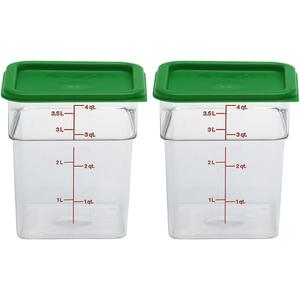 Cambro Food Storage Container with Lid (2 Pack) - Classic Series Square with Green Lid - 4 QT (Quart) - Commercial Grade for Food Prep (Clear)