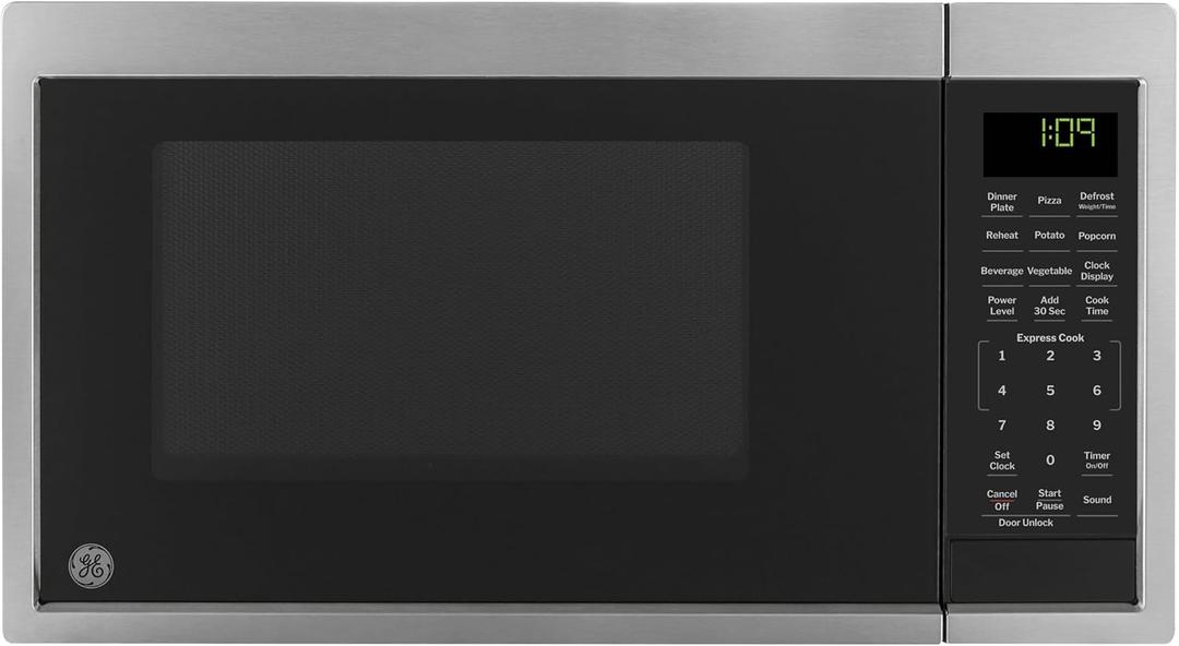 GE Countertop Microwave Oven, Compact 0.9 Cubic Ft., 900-watt Capacity, 7 Auto Cooking Settings, Child-Lock Technology, Kitchen Essentials for The Countertop, Dorm Room or Apartment, Stainless Steel