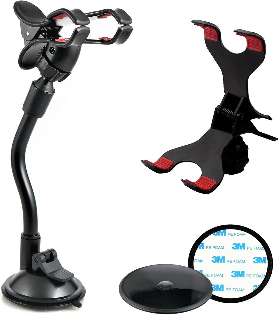 8" Flexible Gooseneck Suction Cup Cellphone Holder with Extra 3M Adhesive Mounting Disk, Double Clip Mount for Multi-Purpose Use with Phones, GPS, Antenna, Dash Cam (Style_ X Shape 8" - RD)