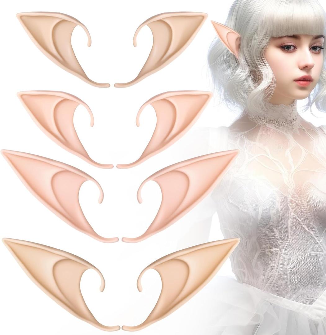 4 Pair Fairy Pixie Elf Ears Cosplay Elf Ear Soft Pointed Tips Anime Party Dress Up Costume Masquerade Accessories for Halloween Christmas Party (Nude & Brown)
