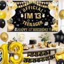 13th Birthday Decorations for Boys - Black and Gold Happy Birthday Banner Teenager Backdrop Number 13 Balloon, Latex Balloons Paper Pompoms for 13 Year Old Teen Party Supplies