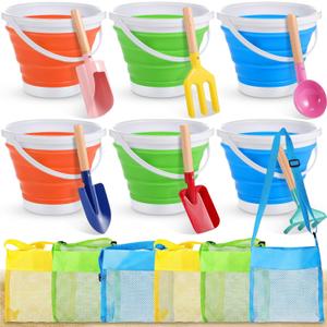MiniInflat 18 Pcs Foldable Sand Buckets and Shovels and Mesh Bags for Kids Beach Tools Sand Toys Metal Garden Tools for Camping Gear, Travelling, Fishing Water Pail, Bright Colors