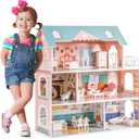 ROBOTIME Doll House Wooden Dollhouse for Kids 3 4 5 6 Years Old, Doll House w/28PCS Furniture Plastic, for 3.3Dolls, Birthday Presents for Toddler 3+, Medium