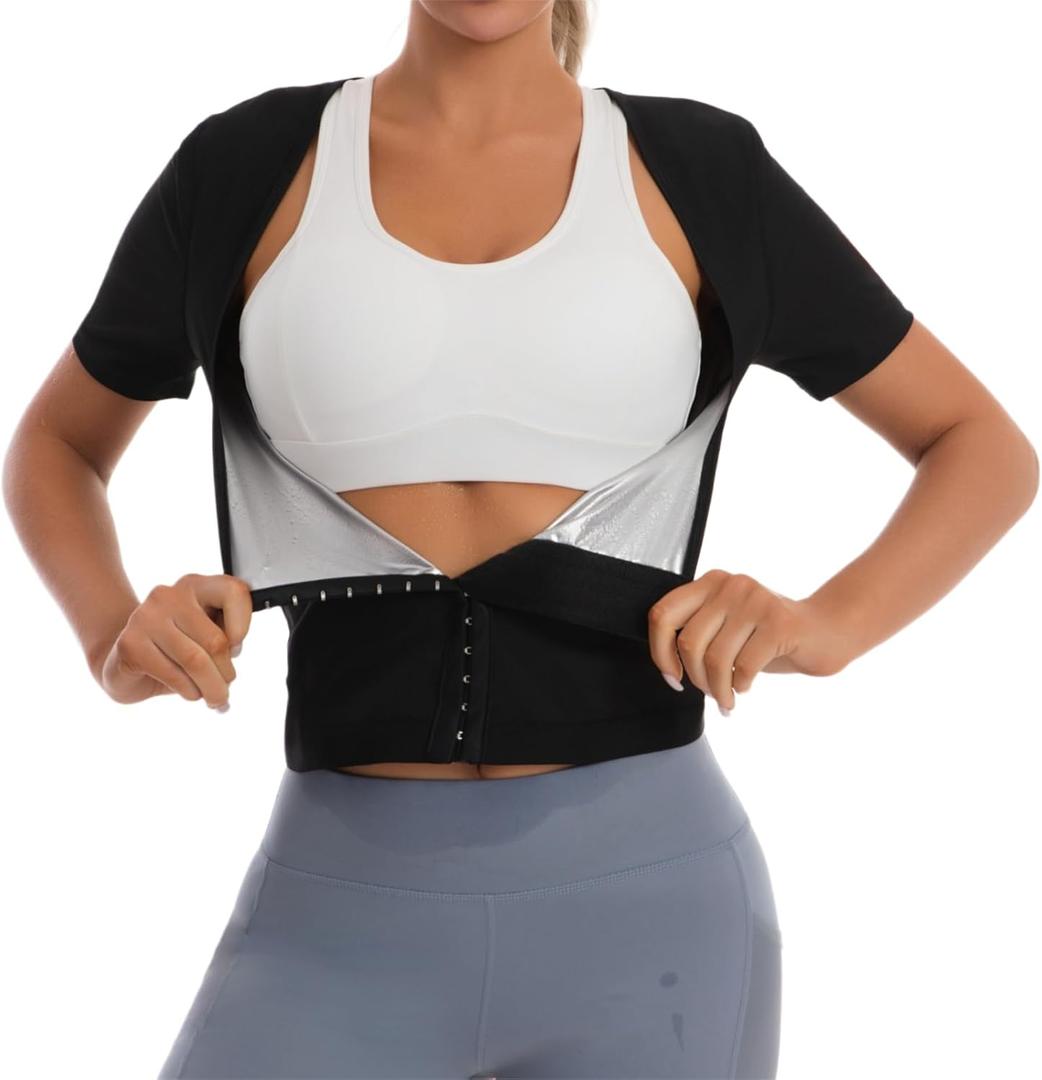 Sauna Suit Waist Trainer for Women Belly Fat,Sweat Sauna Shirt Short Sleeves, Adjustable Waist Trimmer Shapewear (Black, XXL)
