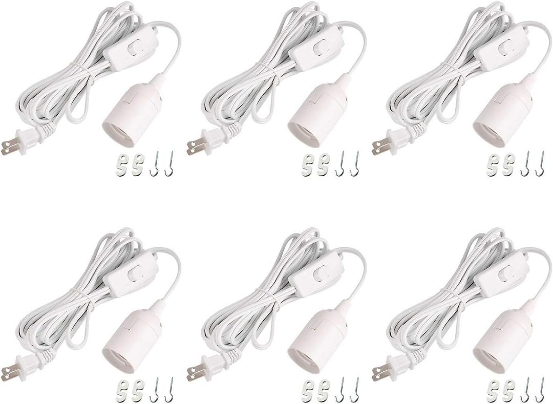 Simple Deluxe 6-Pack 20 Feet Extension Hanging Lantern Pendant Light Lamp Cord Cable E26 Socket (no Bulb Included) On/Off Switch, 6 Pack, White (20 ft-New)