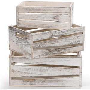 AVLA 3 Pack Wooden Storage Crates, Rustic Nesting Container Bin with Handles, Decorative Farmhouse Wood Basket, Vintage Wood Box Display Risers for Home, Kitchen Pantry Cabinet, Shelf, Counter (White)