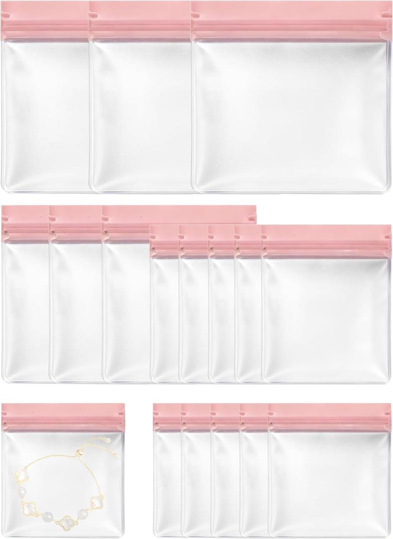 Anti Tarnish Jewelry Bags, Small Travel Ziplock Jewelry Pouches Clear Plastic, 16 Pack Eva Mini Storage Organizers Bag for Silver Gold Earrings Ring Necklace (Pink, Assorted Sizes)