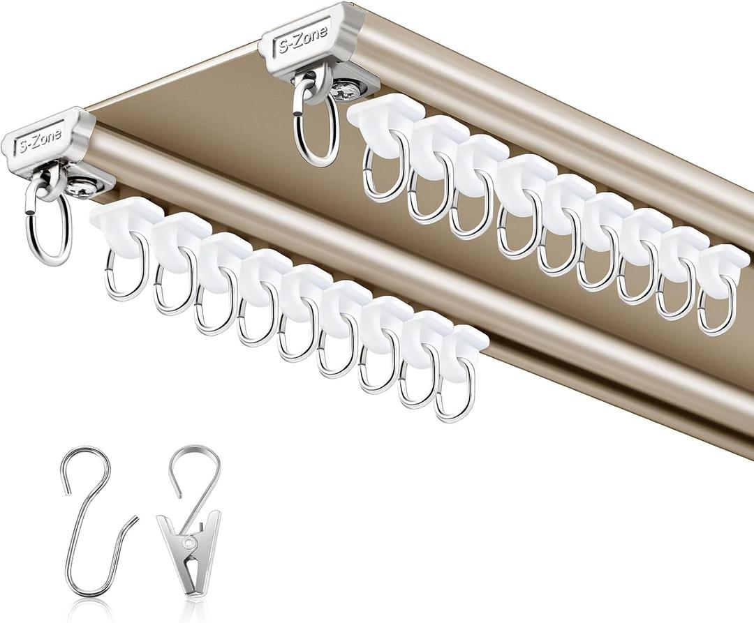 Juexica Ceiling Curtain Double Track Set 3ft-13ft/4 Meter Champagne Double Curtain Track Ceiling Mount Heavy Duty Room Divider Adjustable Length Rails with Clips Hooks End Hook