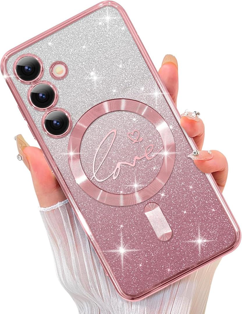 ZIYE Magnetic Case Designed for Samsung Galaxy S24 Glitter Case Luxury Plating Love Heart Compatible with MagSafe Clear Case with Camera Protector Protection Shockproof Cover for Women Girls-Pink