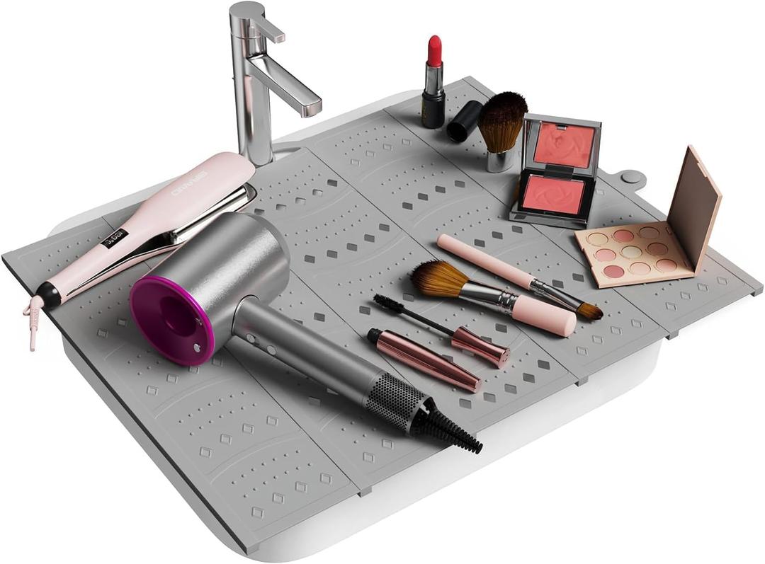 Bathroom Sink Cover for Counter Space, Foldable Silicone Makeup Mat for Hair Styling and Hot Tools, Steel Frame Core Sink Organizer for RV Camper and Small Vanity, DIY Cut to Fit, Grey