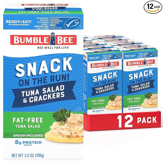 Bumble Bee Snack On The Run Fat-Free Tuna Salad with Crackers Kit- Ready to Eat, Spoon Included - Wild Caught Tuna - Shelf Stable & Convenient Protein Snack, 3.5 Ounce Boxes (Pack of 12) 2 Boxes Best By 11/25