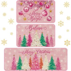 3 Pcs Christmas Kitchen Rug and Mat Set Washable Pink Xmas Tree Kitchen Floor Mats Waterproof Non Slip Farmhouse Merry Christmas Doormat Holiday Xmas Decor for Home Office Bathroom Party Decor
