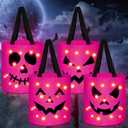 Yaomiao 4 Pcs Halloween Trick or Treat Bucket for Kids Light up Pumpkin Candy Bags LED Halloween Treating Baskets Reusable Goodie Gift Tote Bag for Party Favor Supplies(Pink)