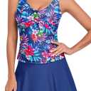 Women's Tankini Swimsuits Two-Piece Bathing Suits Swimdress Twist Cross Tummy Control Beach Swimwear Top Swim Skirt (Navy & Pink Floral, Size S)