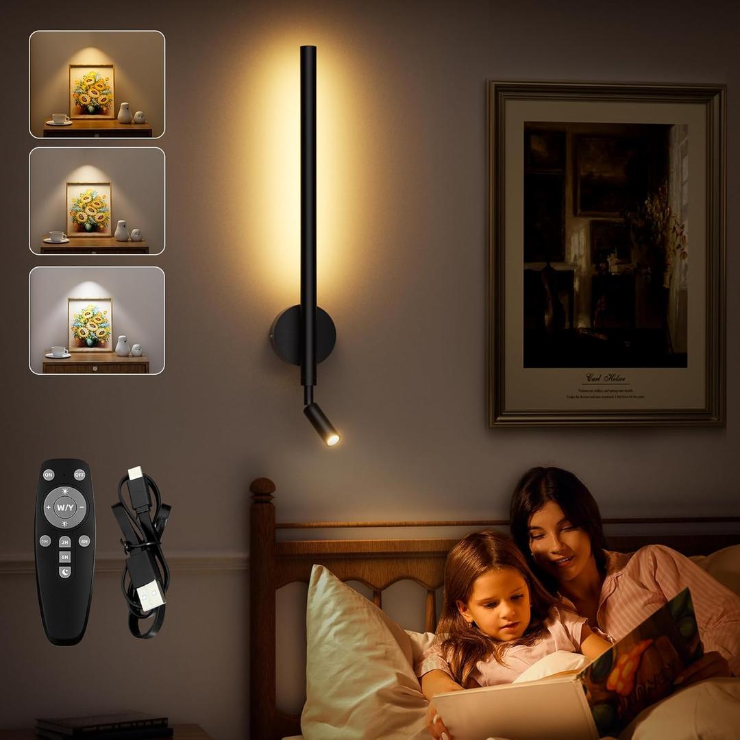 Rechargeable Wall Sconce with Reading Spotlight: Battery Operated Wireless LED Wall Light with Remote Indoor Modern Decor for Living Room Bedroom Stairwell Lighting Black