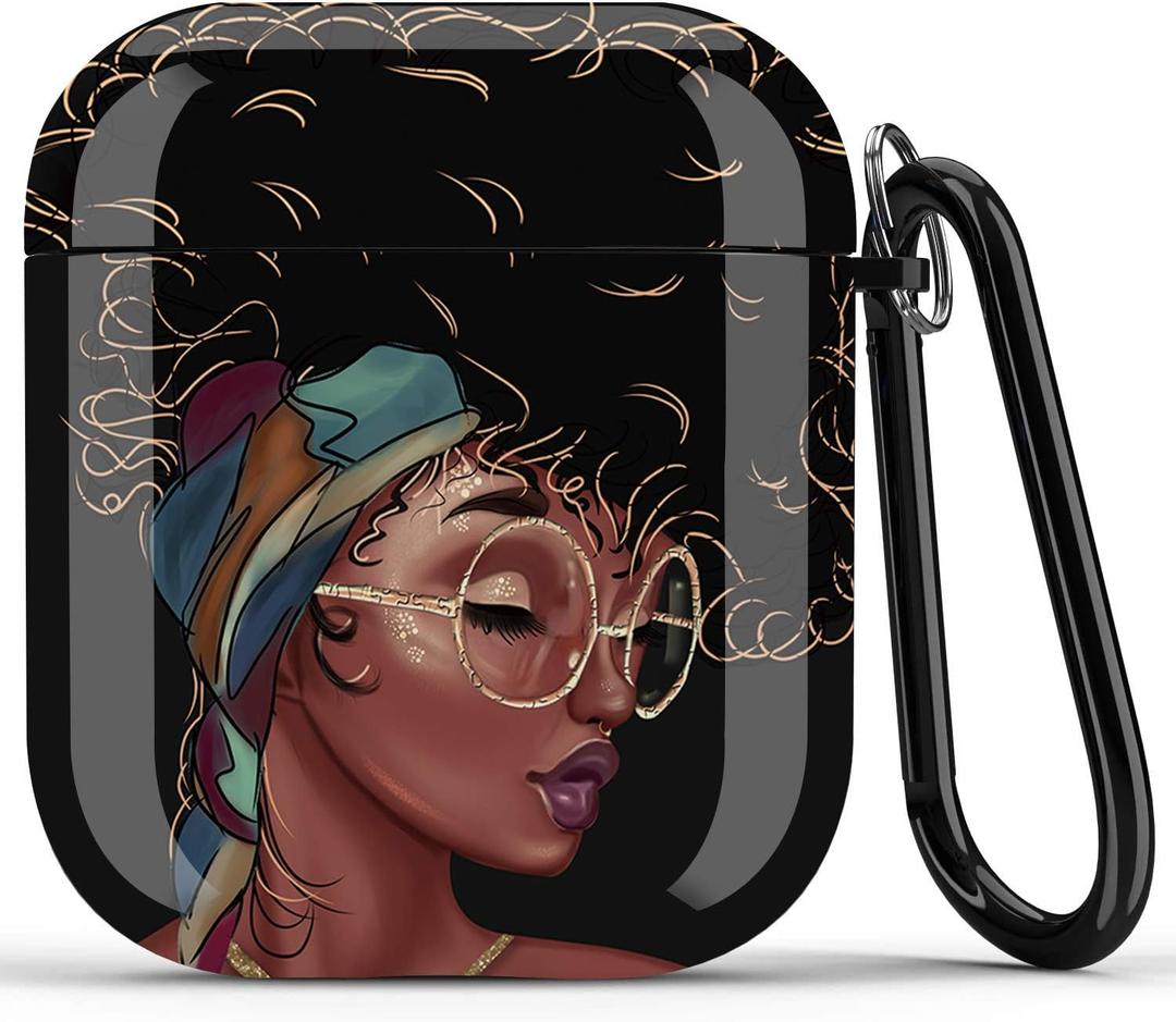 Afro Black Girl Airpods Case - Wonjury African American Airpod Skin Protective Hard Case Cover Portable & Shockproof Women Girls with Keychain for Apple Airpods 2/1 Charging Case (Black Girl Right)