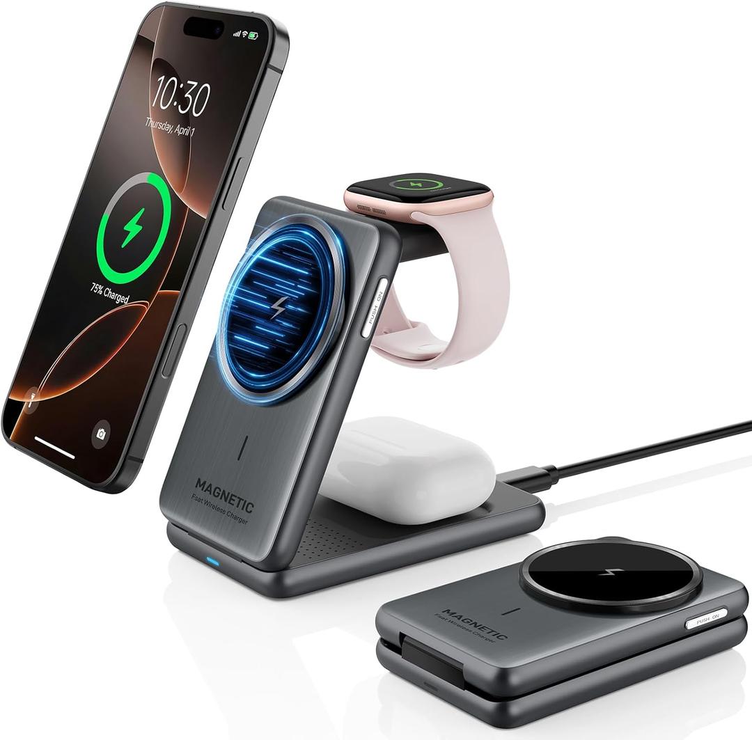Wireless Charger for Apple, 3 in 1 MagSafe Charger Foldable Magnetic Charger for iPhone 16/15/14/13 Series, Airpods Pro 2, iWatch Series 10/9/8/7, Travel Charging Station for Apple Multiple Devices