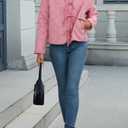 LifeShe Women Plaid Puffer Quilted Jacket Crop Tie Front Padded Coats Ruffled Lapel Collar Puffer Cardigan (Red, L)