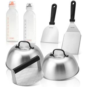 Onlyfire 7PCS Griddle Accessories Kit for Cooking Indoor or Outdoor, Multifunctional Grill Utensil for Blackstone Including 2 Melting Dome,1 Grill BBQ Spatulas,1 Chopper/Scraper, 2 Liquid Dispensers, 1 Grill Press Great
