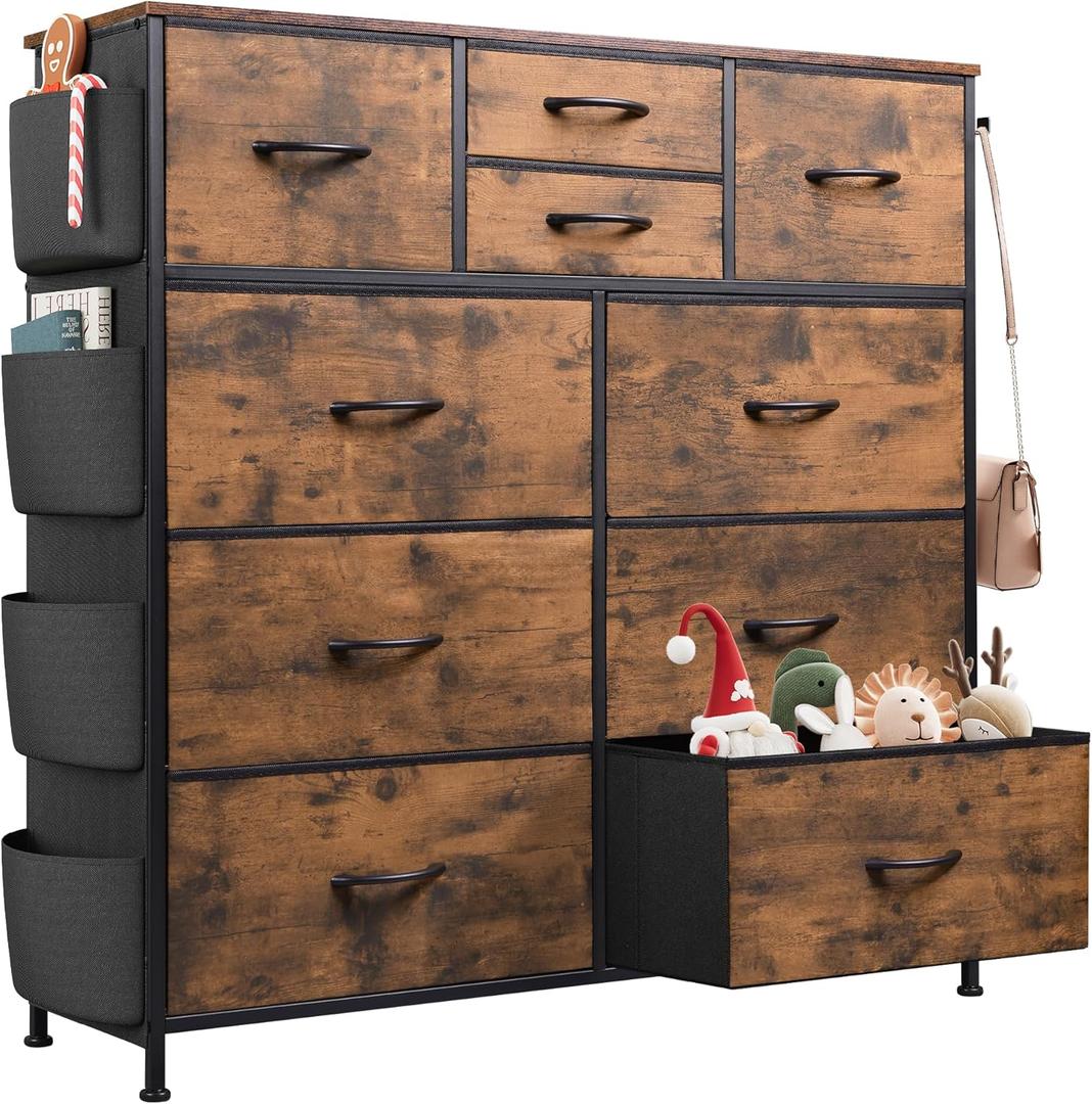 WLIVE Fabric Dresser for Bedroom with 10 Drawers, Chest of Drawers with Side Pockets and Hooks, Sturdy Metal Frame, Drawers Organizer Unit for Living Room, Hallway, Rustic Brown Wood Grain Print (Rustic Brown Wood Grain Print)