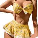 Women's 2 Piece Ruffle Bikini Sets Floral Tummy Control Skort Swimsuit Bathing Suit Beachwear (Medium, Yellow)