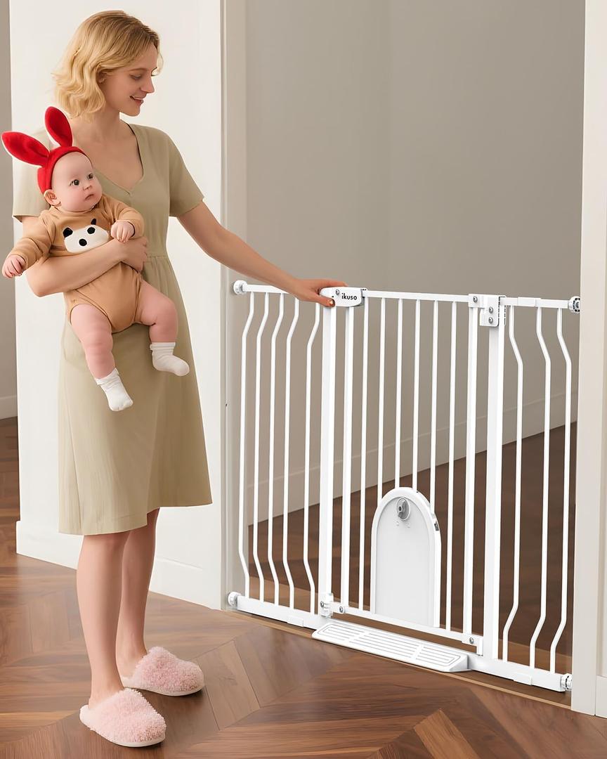 30"- 48" Extra Wide Baby Gate with Cat Door, [30.5" Tall] [No-Drill Pressure Mount] [Includes 2 Extensions] Pet & Toddler Safety Gate for Kitchens, Stairs, and Doorways