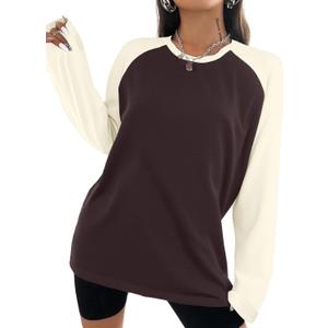 Remidoo Women Raglan Shirts Color Block Long Sleeve Oversized T Shirt Crewneck Casual Tee Top Beige Brown Small