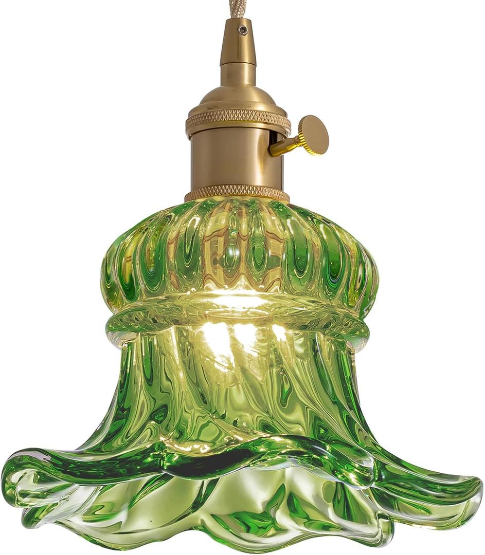 ZAUKNYA Pendant Lights Kitchen Island, Green Flower Glass Gold Brass Vintage Adjustable Small Hanging Pendant Lighting Fixtures for Kitchen Island Dining Room Bedroom Hallway (Green)