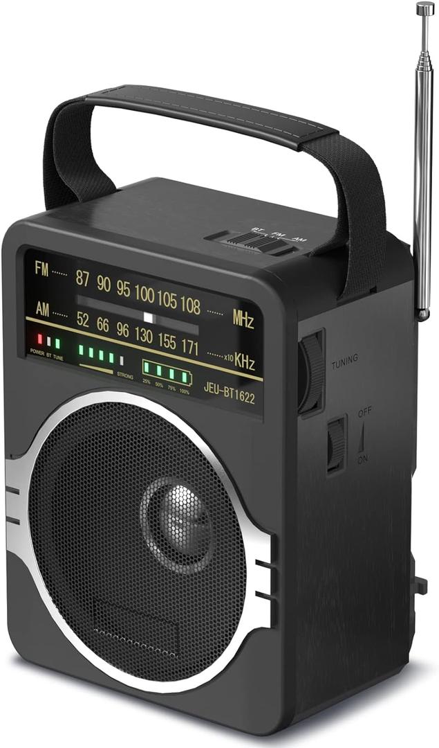 Portable AM FM Radio, Bluetooth 5.0 Radios 5 Watts Loud Speaker, FM Radio Built-in Rechargeable Battery/DC D*4 Cell Battery Operated & AC Power Plug in Wall Black